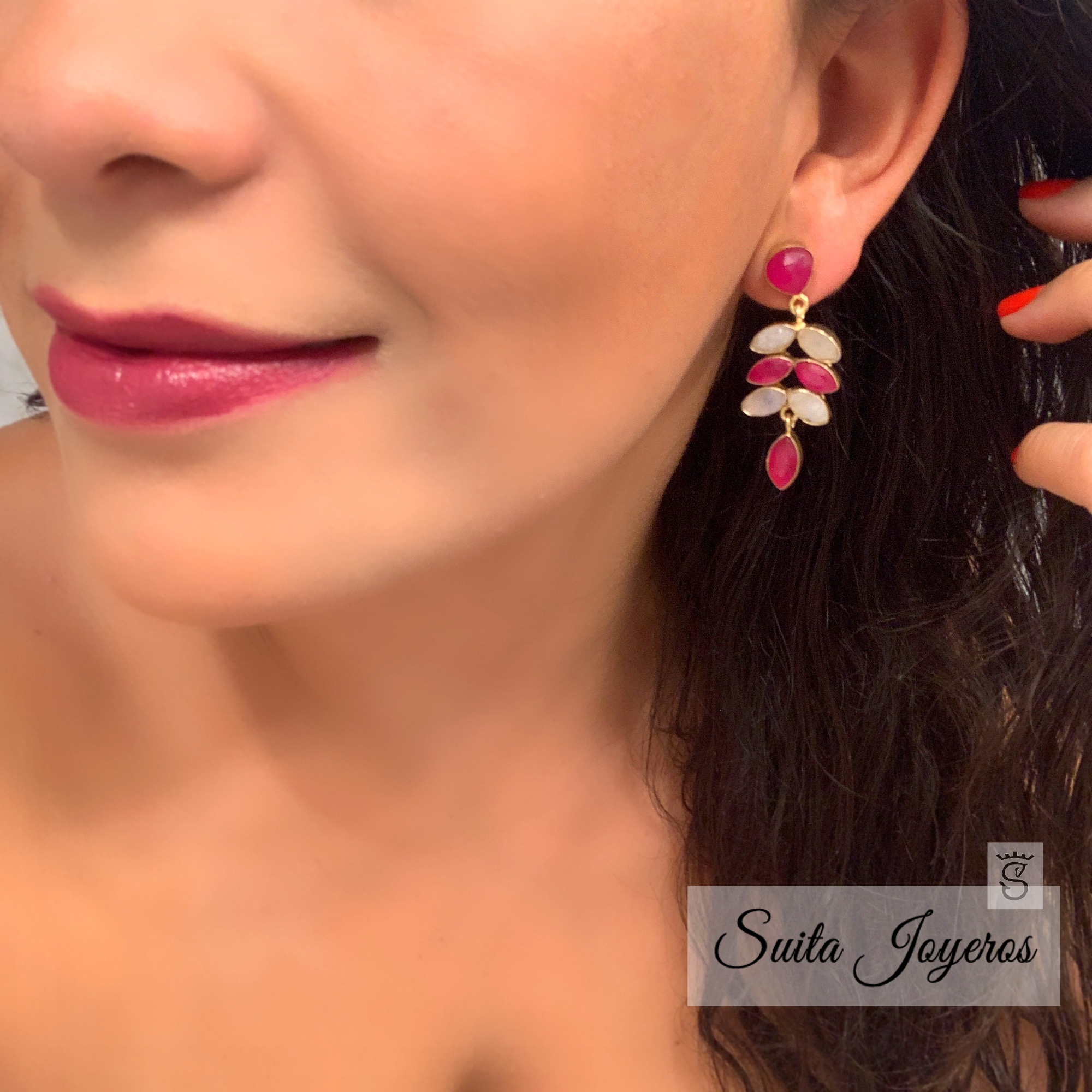 PENDIENTES ABRIL FUCSIA Y PIEDRA DE LUNA - Imagen 2