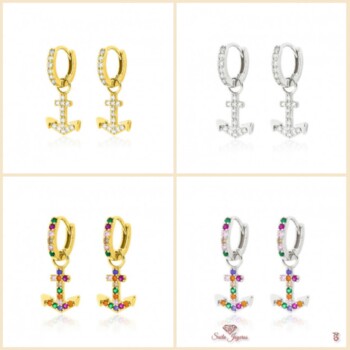 Pendientes Aros ancla de Plata Con Circonitas 10mm