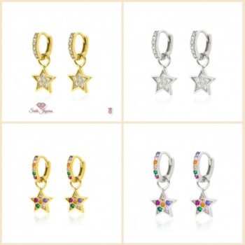 Pendientes Aros Estrellas de Plata Con Circonitas 10 mm