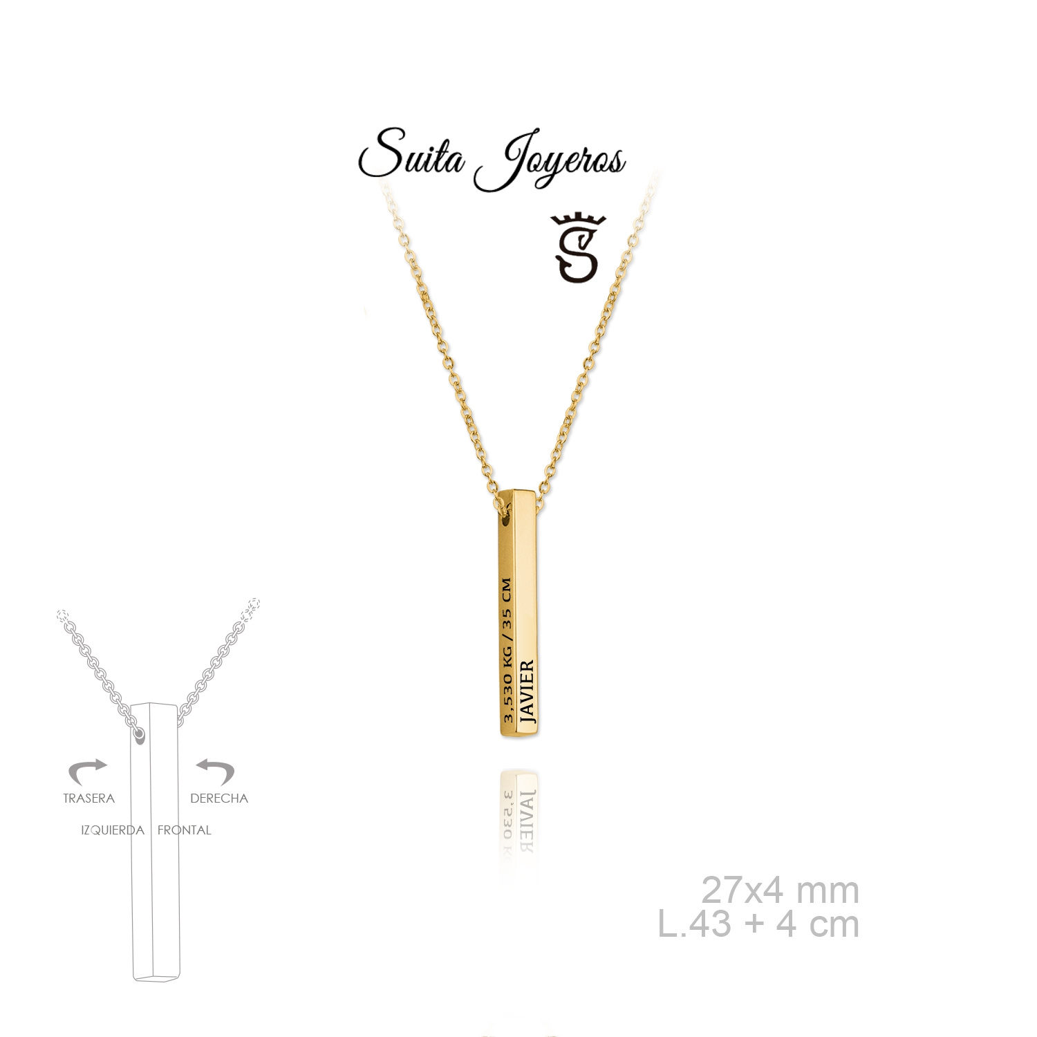 Gargantilla en Plata de Ley en dorado Lingote (4 Caras)