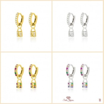 Pendientes Aros candados de Plata Con Circonitas 10mm