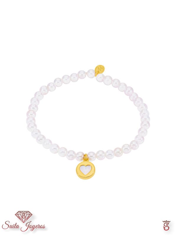 Pulsera Perlas Corazón Dorada