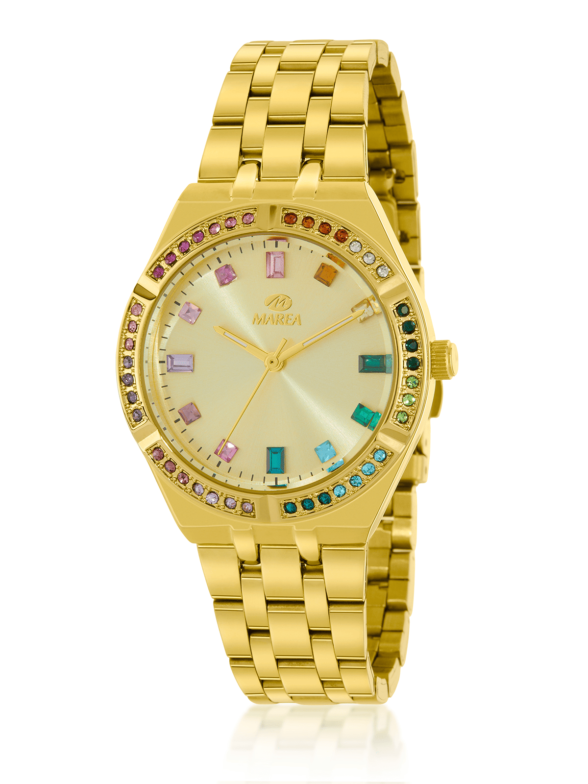 Reloj Marea B41382/6 mujer dorado con circonitas multicolor acero inoxidable elegante atemporal